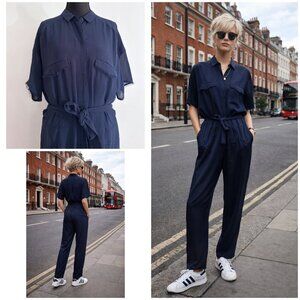 EUC Whistles Navy Blue Raw Hems Pockets Belted Button Chic Minimalistic Jumpsuit